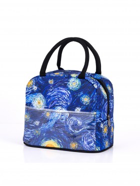 Oil Painting Insulated Lunch Bag with Zip Closure and Outside Pocket